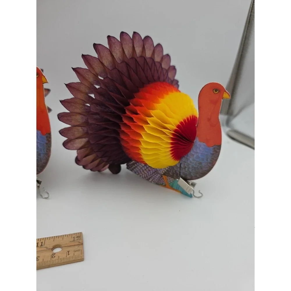 Vintage Honeycomb Paper Turkey Thanksgiving Decorations Set of 4 Multi-Color